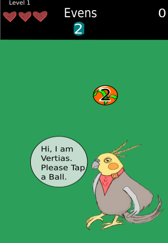 Game Screenshot with first level. Shows number ball and Vertias the bird