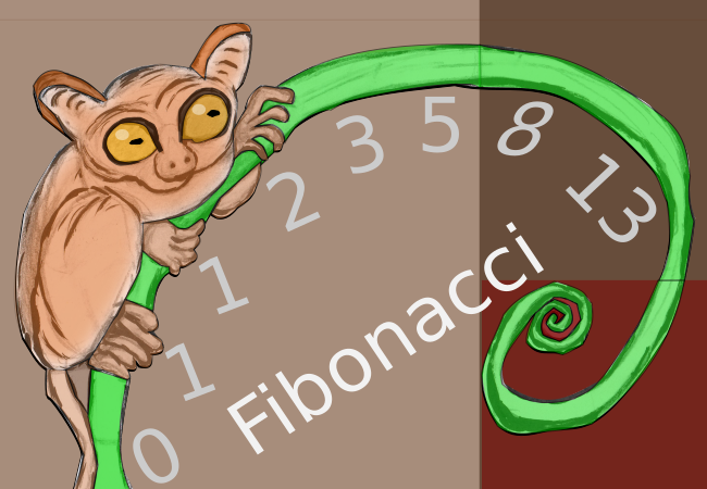 Fibonacci sequence with Tarsier primate animal on plant